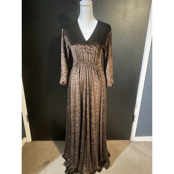 Vintage 70s Brown Crushed Velvet Maxi Hostess Dress V-Neck Empire Waist S/M - Picture 2 of 14